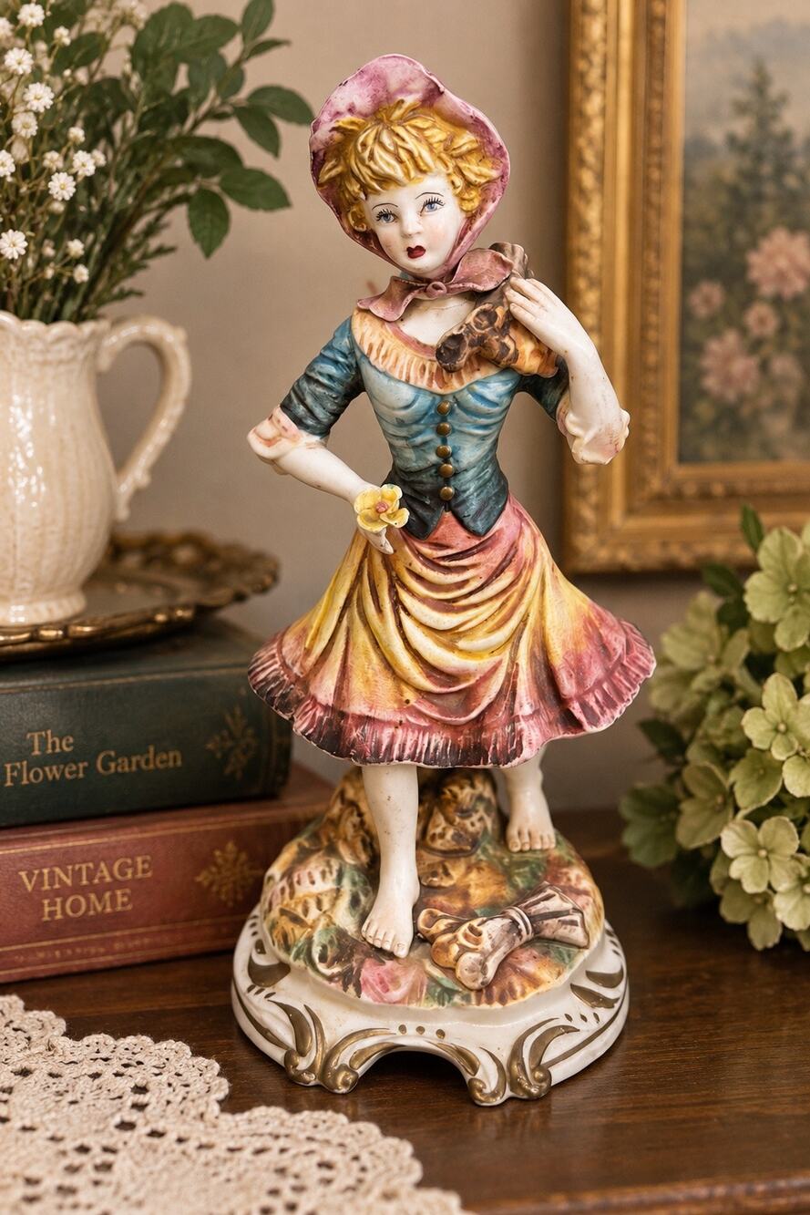 Vintage Capodimonte Italy Porcelain Lady Figurine Bonnet Bird Hand Painted 7159